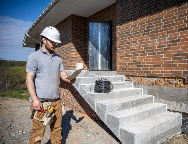 Contractor inspecting newly built concrete outdoor steps during a residential construction project in Forney, TX