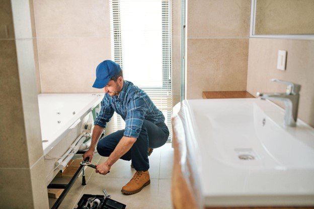 Bathroom contractor installing plumbing and connections for a new bathroom vanity and bathtub.