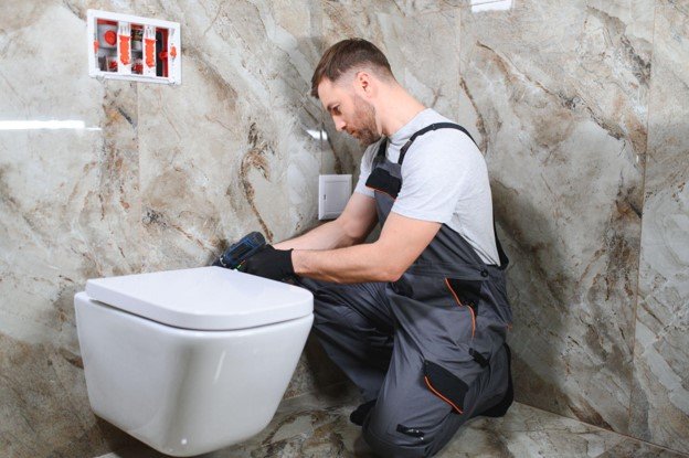 Bathroom contractor installing a wall-mounted toilet in a newly tiled bathroom.
