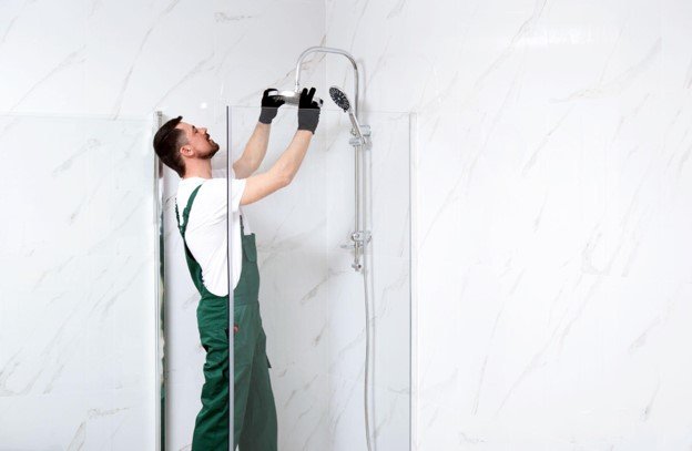 Contractor installing a new shower fixture and glass enclosure during a bathroom remodel.